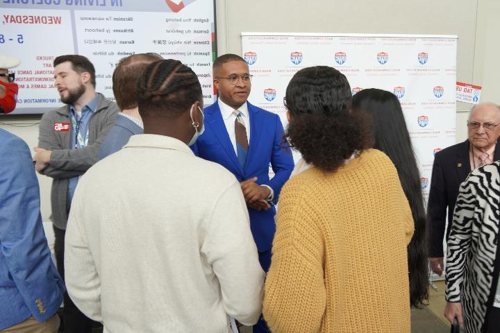 Daryll Forges speaking with students at Media Day 2023